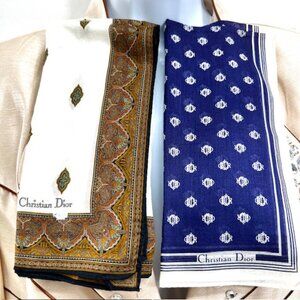 New (2) Christian Dior Hand/MiniScarf 18" cotton, Olive Floral Blue Initial D(85